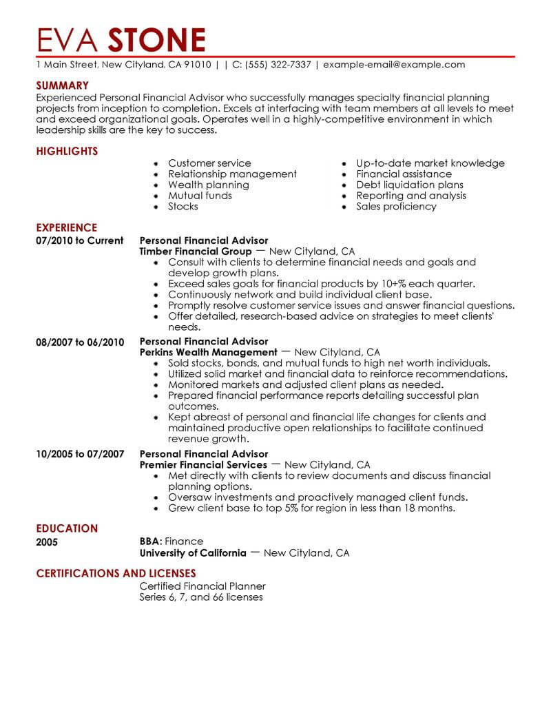 personal financial advisor resume example