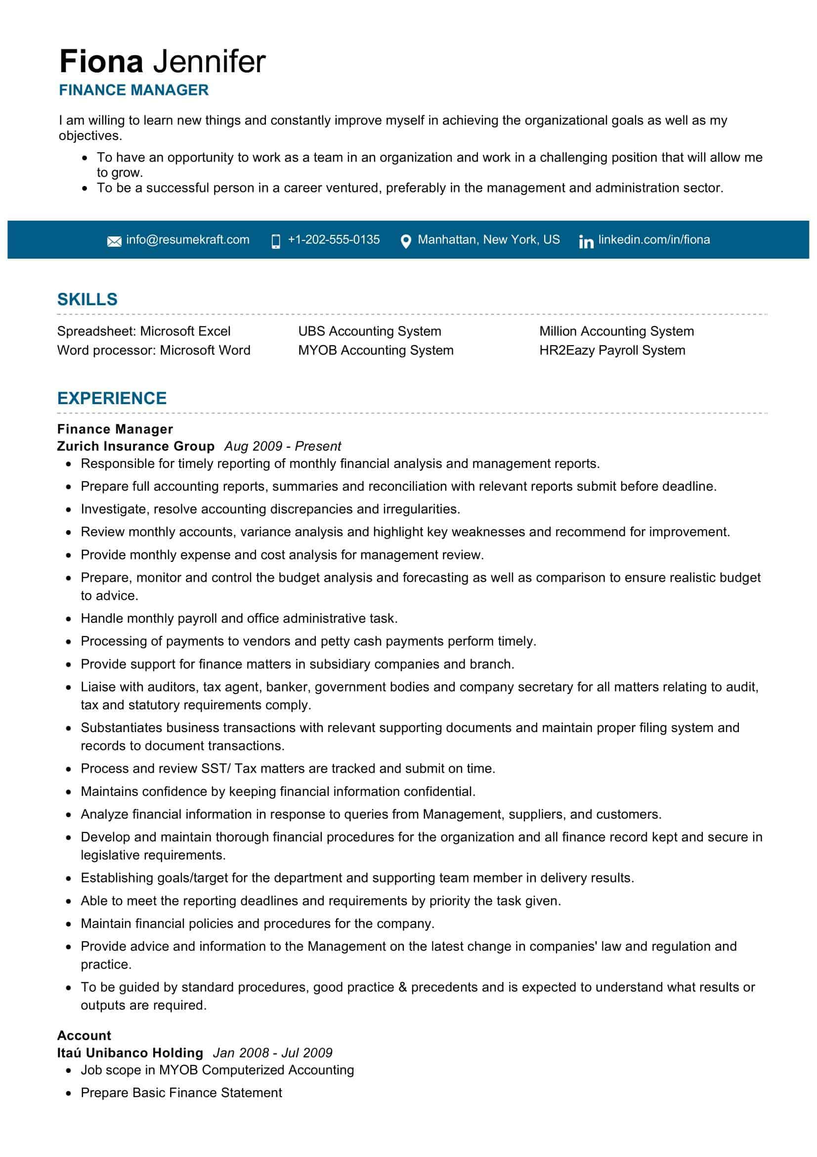 finance manager resume sample