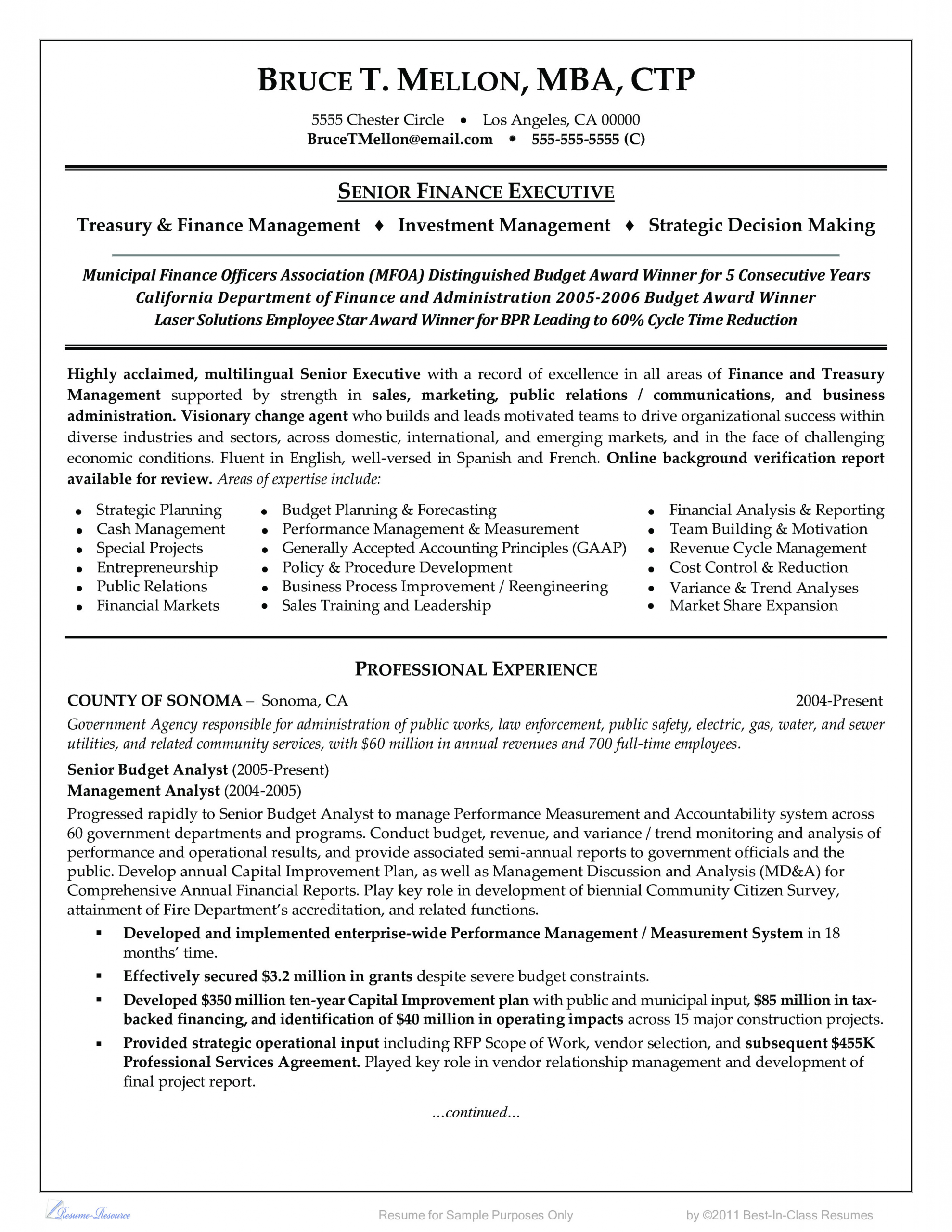 senior financial management resume