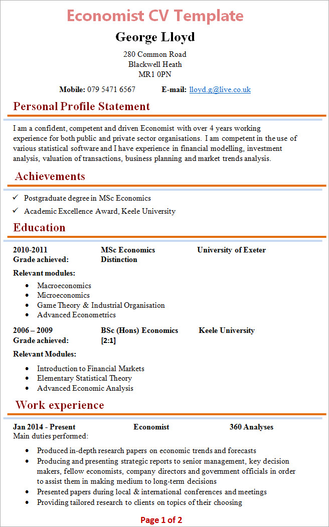 economist cv template