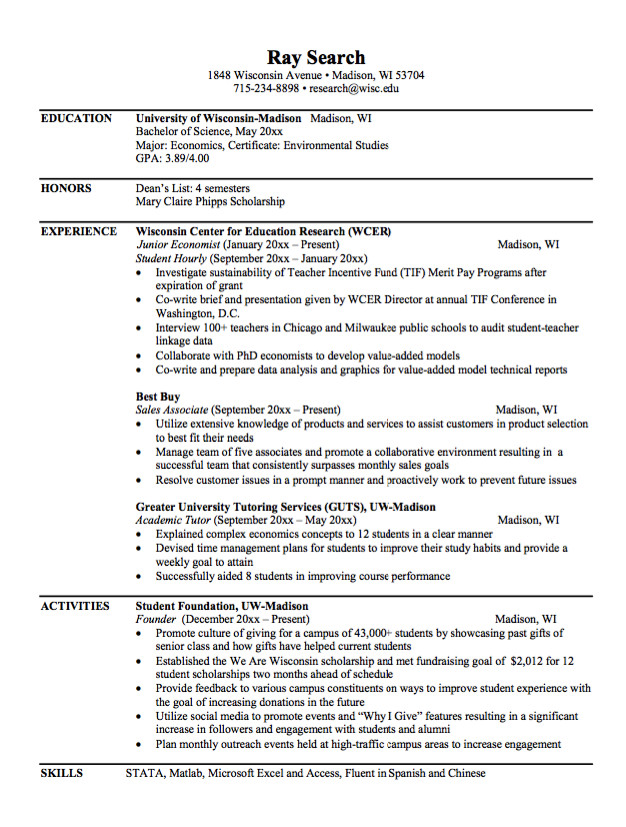 Sample Resume for Fresh Economics Graduate