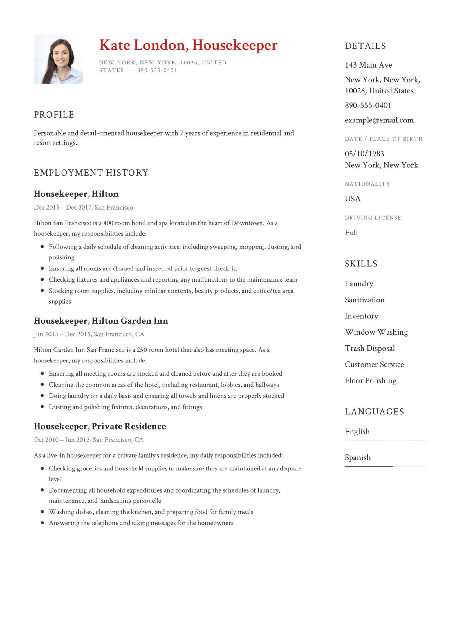 sample resume for housekeeping with no experience