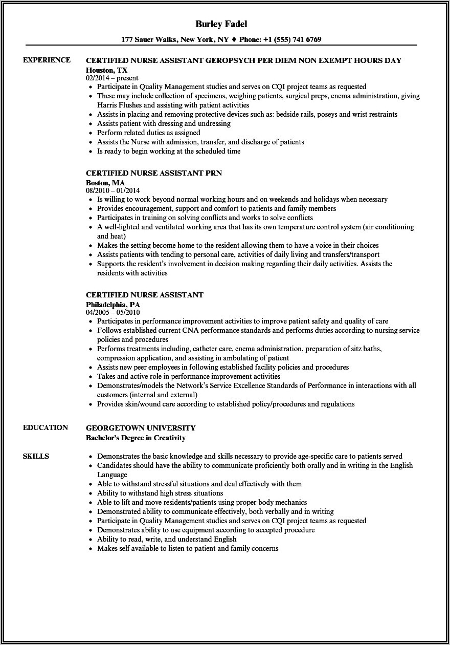 certified nursing assistant resume with no experience