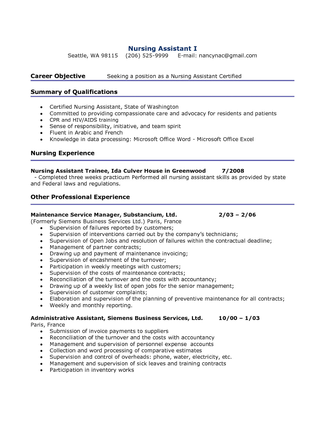 resume sample for nursing assistant