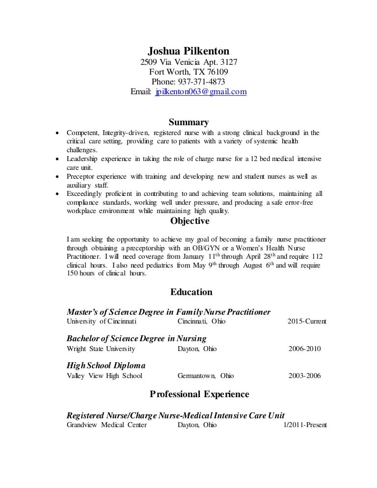 nursing resume for graduate school
