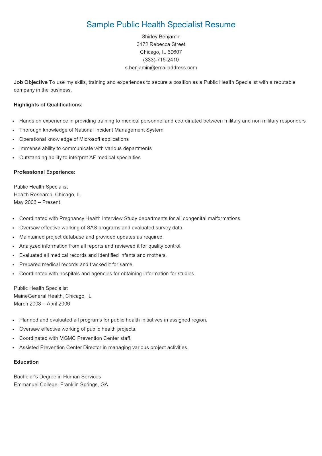 Sample Resume for Public Health Nurse Sample Public Health Specialist Resume Resume Examples, Public …