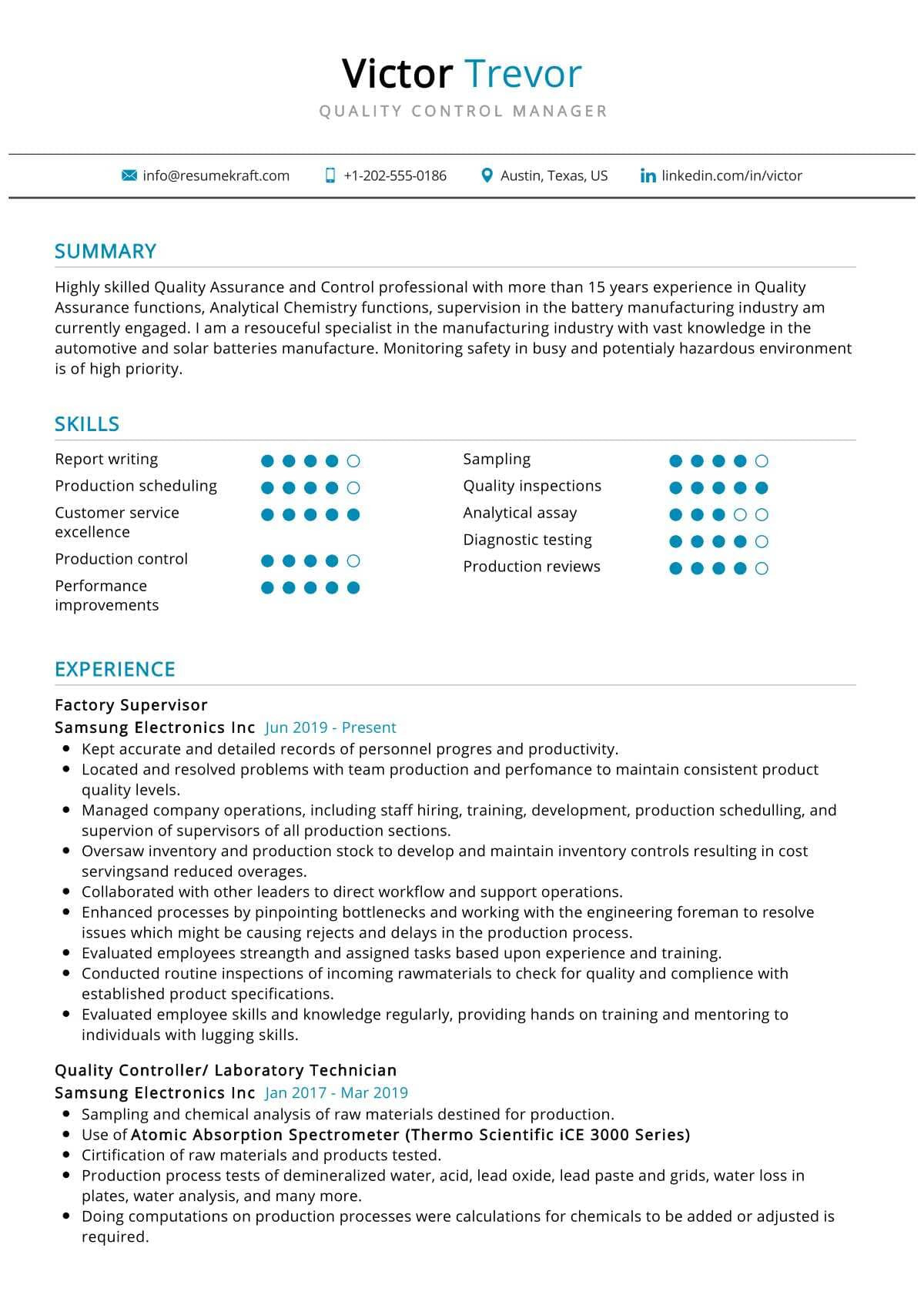 quality control manager resume example