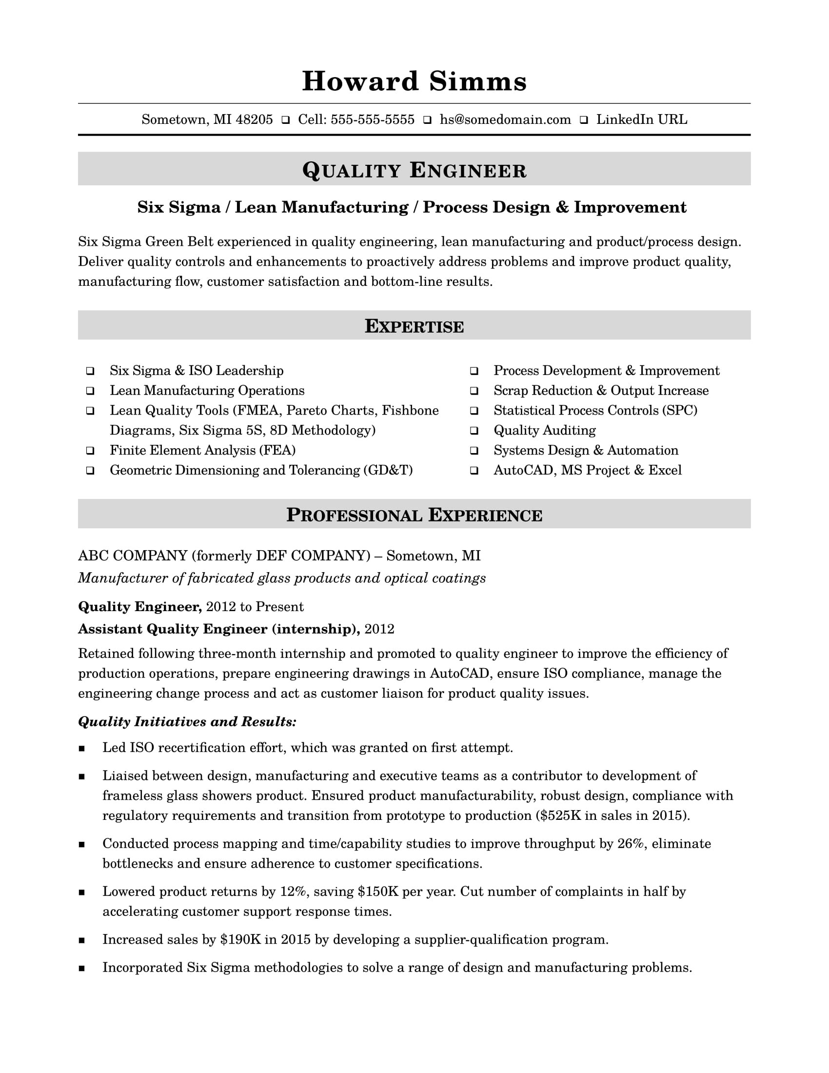sample resume quality engineer midlevel
