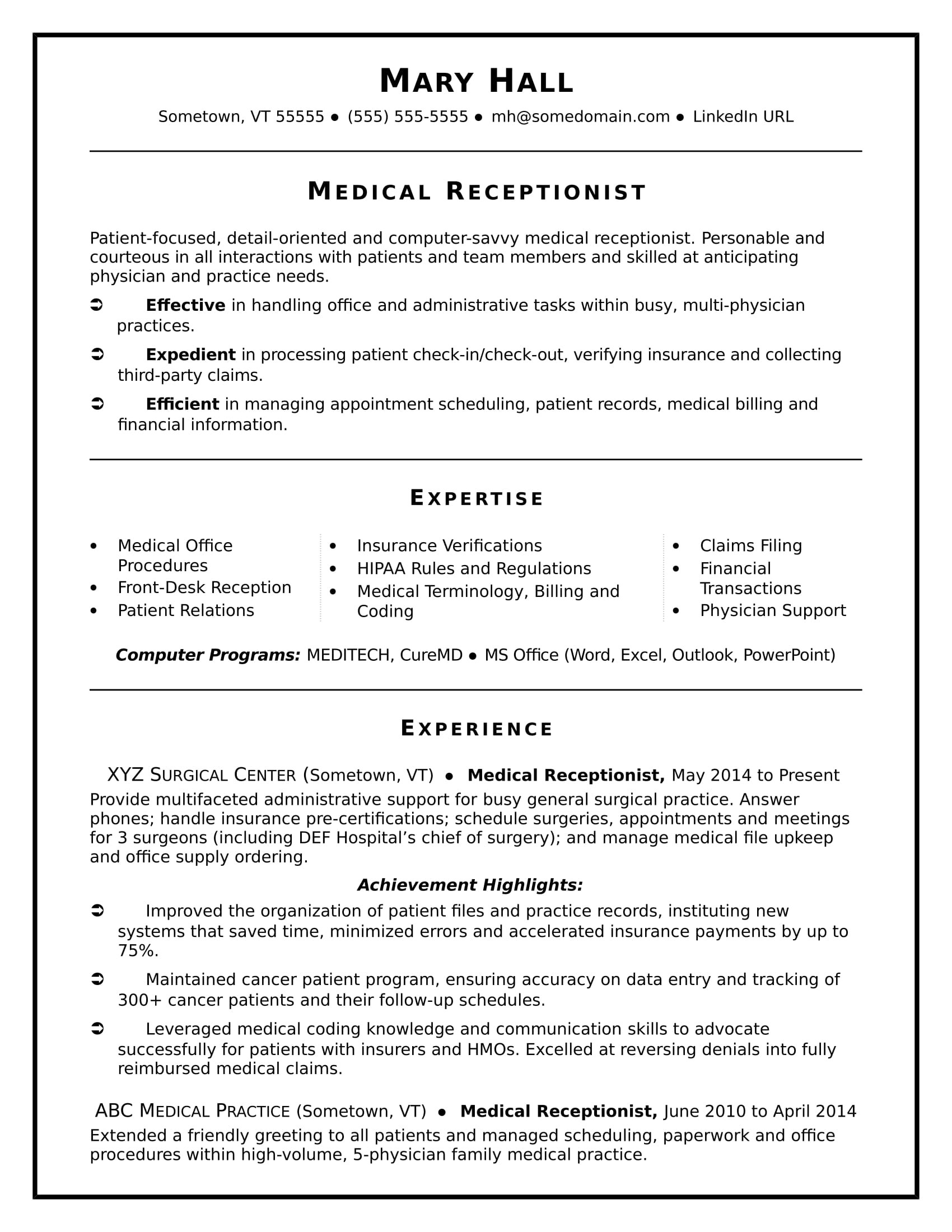 Sample Resume for Receptionist Office assistant Medical Receptionist Resume Sample Monster.com