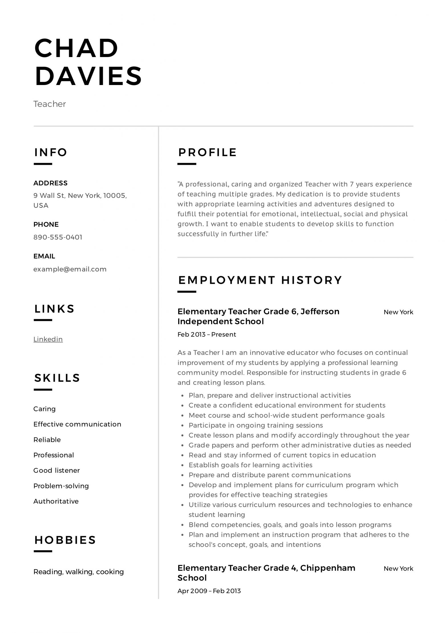 Sample Resume format for Experienced Teachers Experienced Teacher