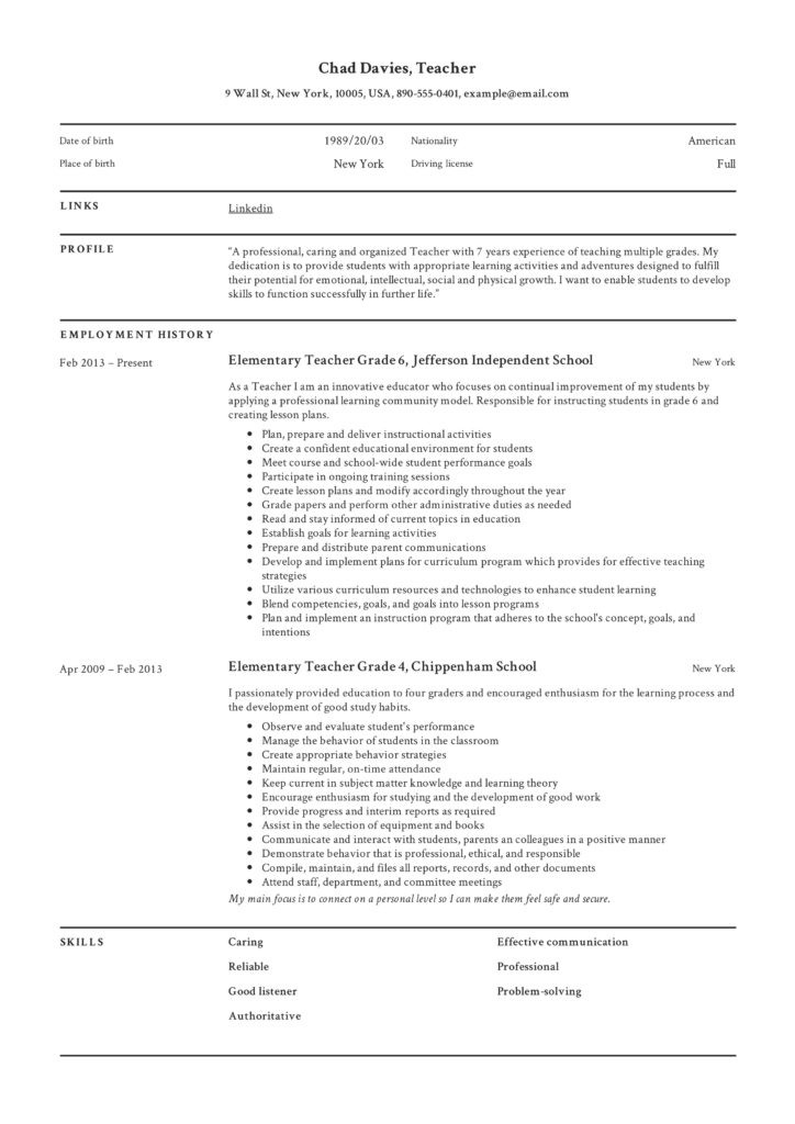 experienced teacher resume