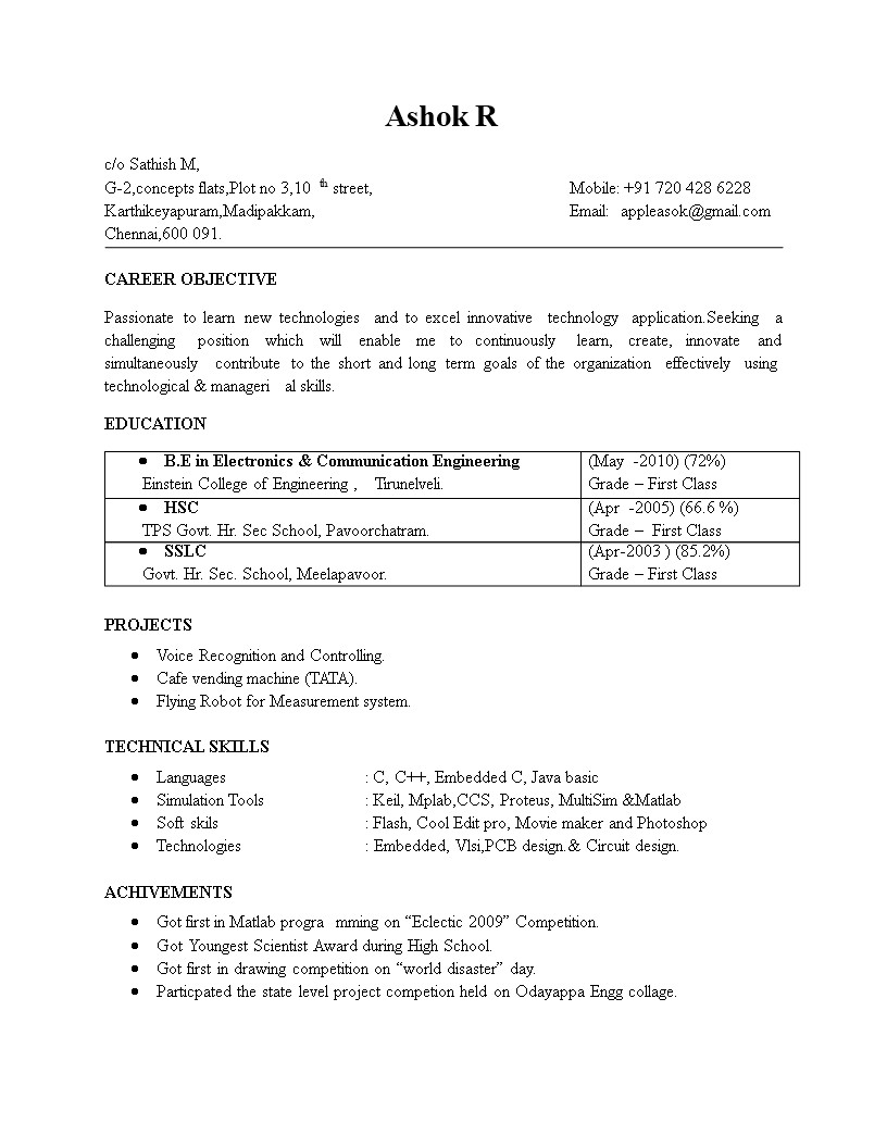 electronics engineering fresher resume format