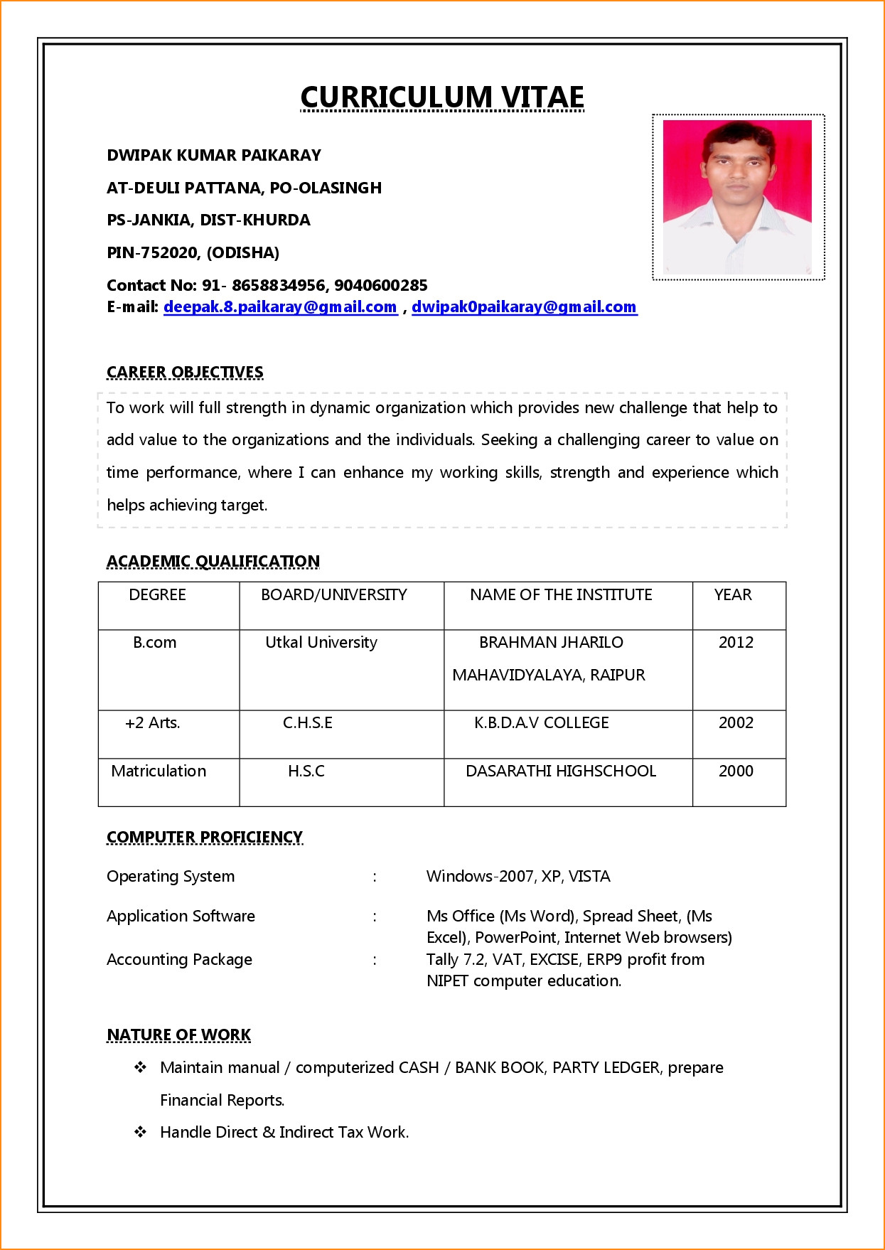 simple resume format for freshers pdf
