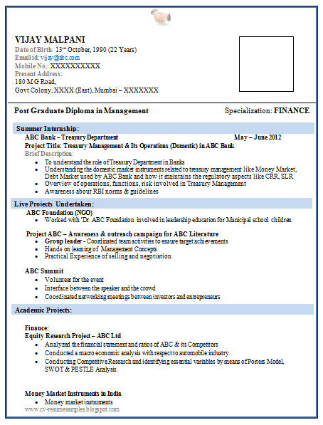 resume format for mba finance fresher
