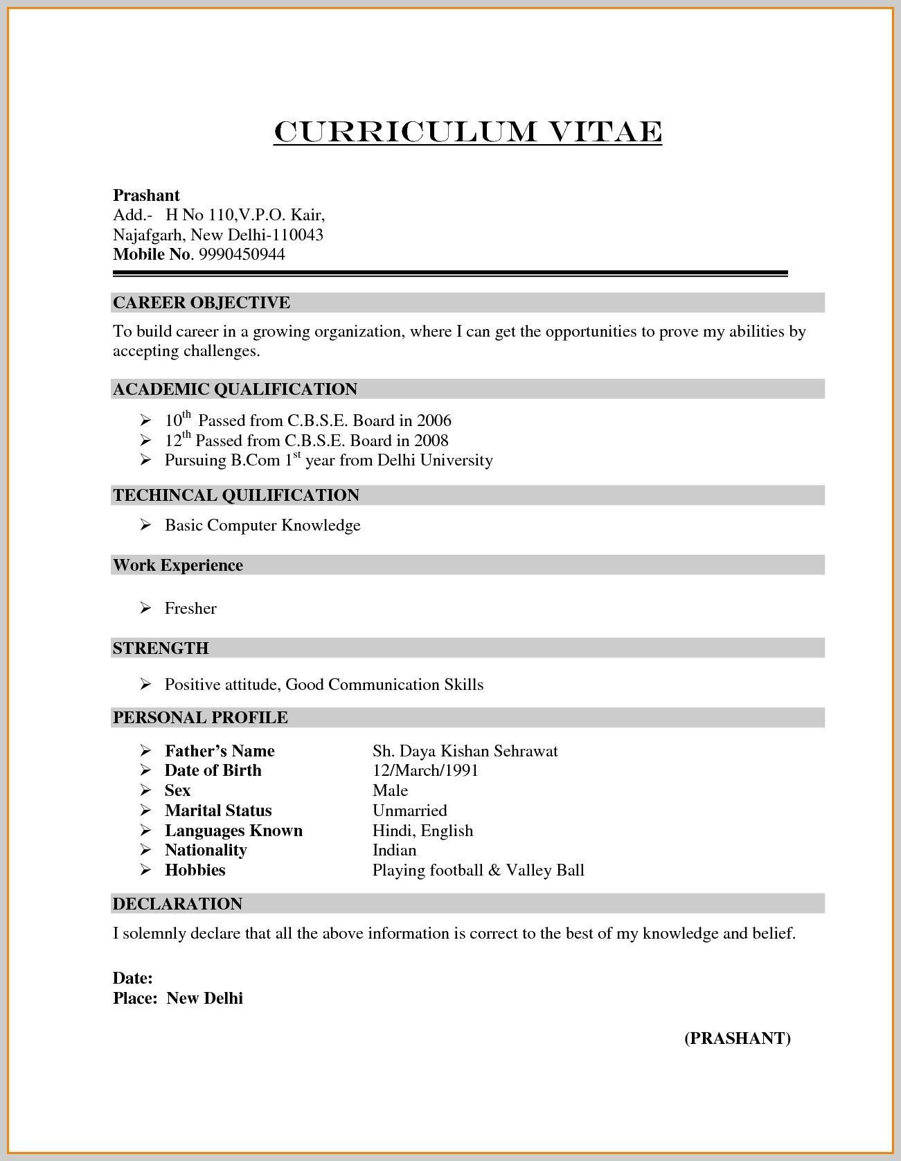 basic resume format for freshers b