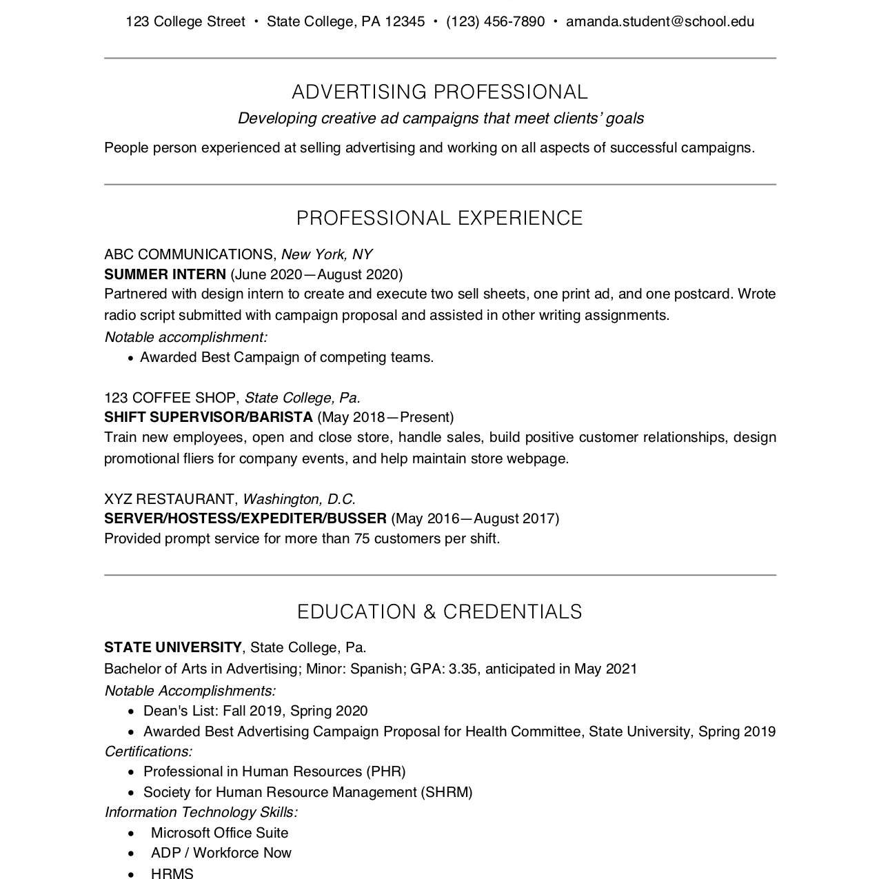 college student resume example