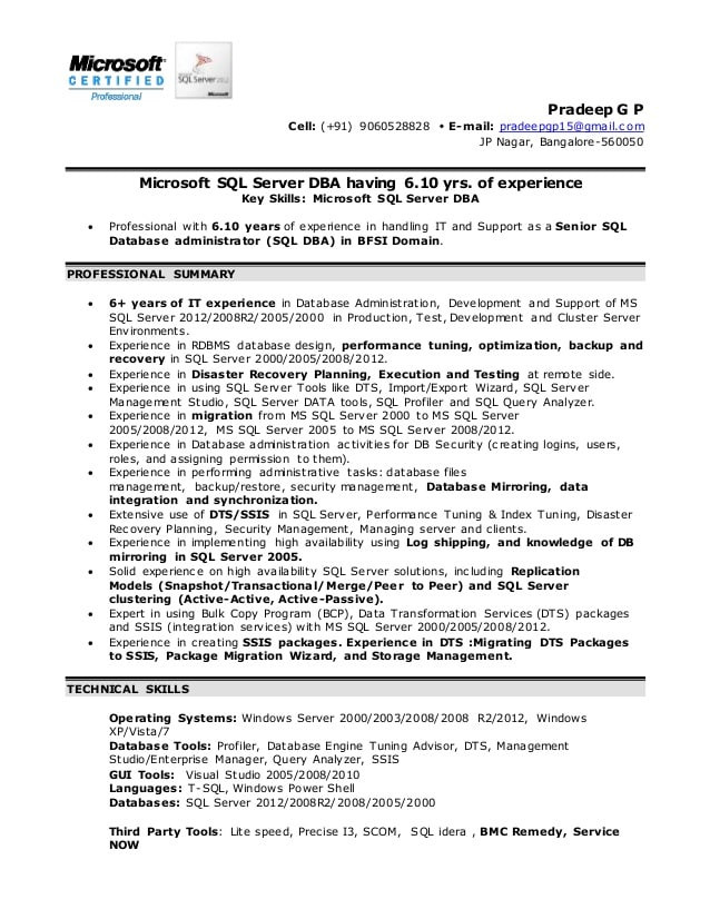 sql server dba resume