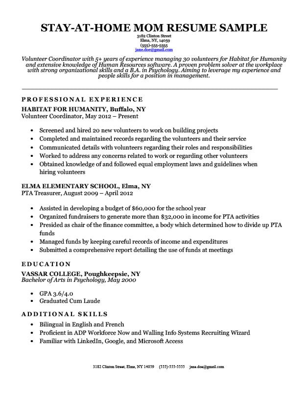 Stay at Home Mom Resume Example Sample Stay at Home Mom Resume Sample & Writing Tips