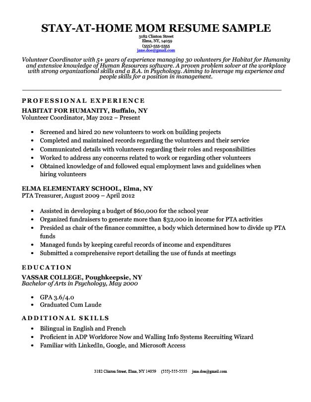 stay at home mom resume sample