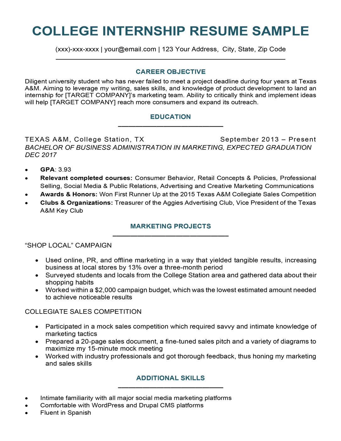 college student resume sample