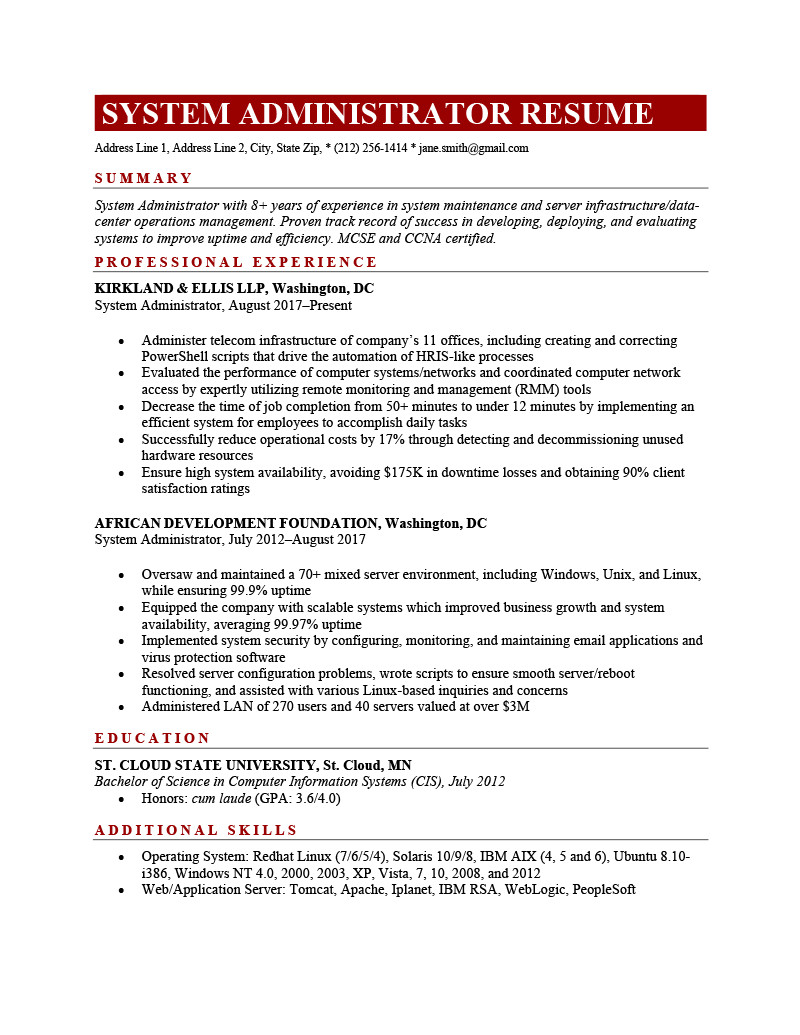 system administrator resume