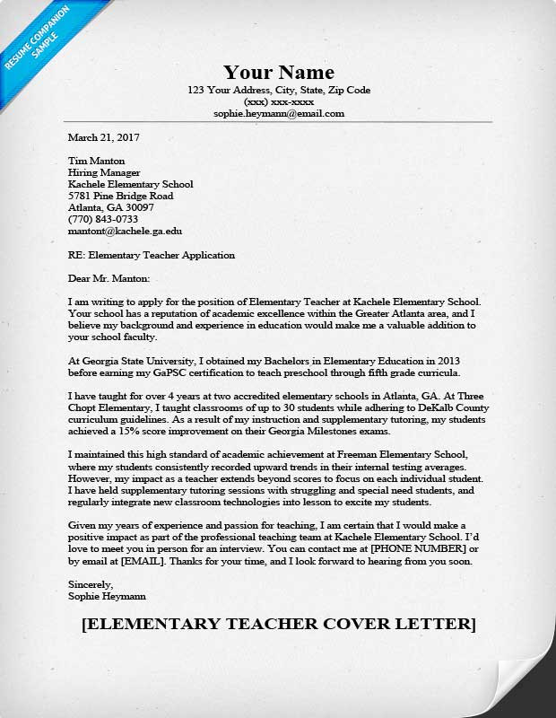 elementary teacher cover letter sample