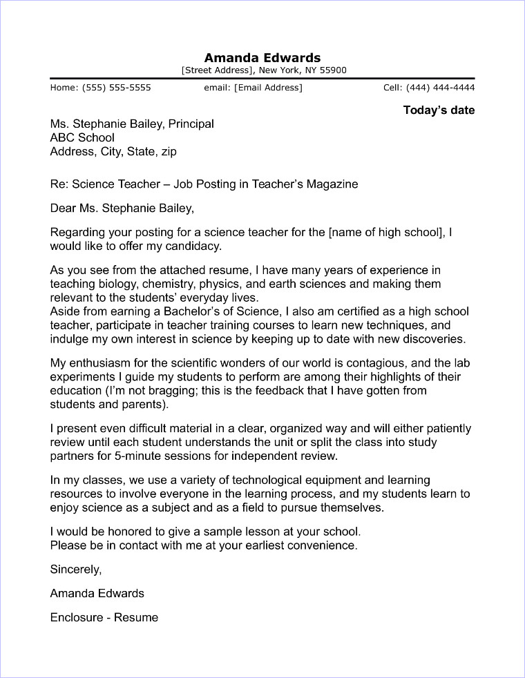 high school teacher cover letter sample