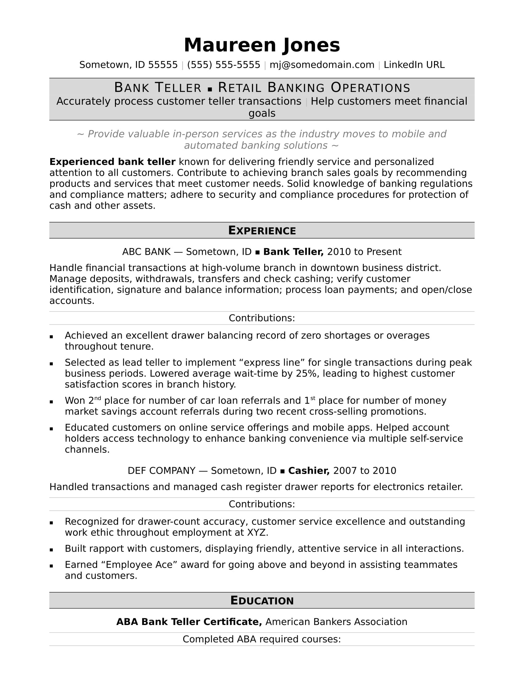 bank teller resume sample