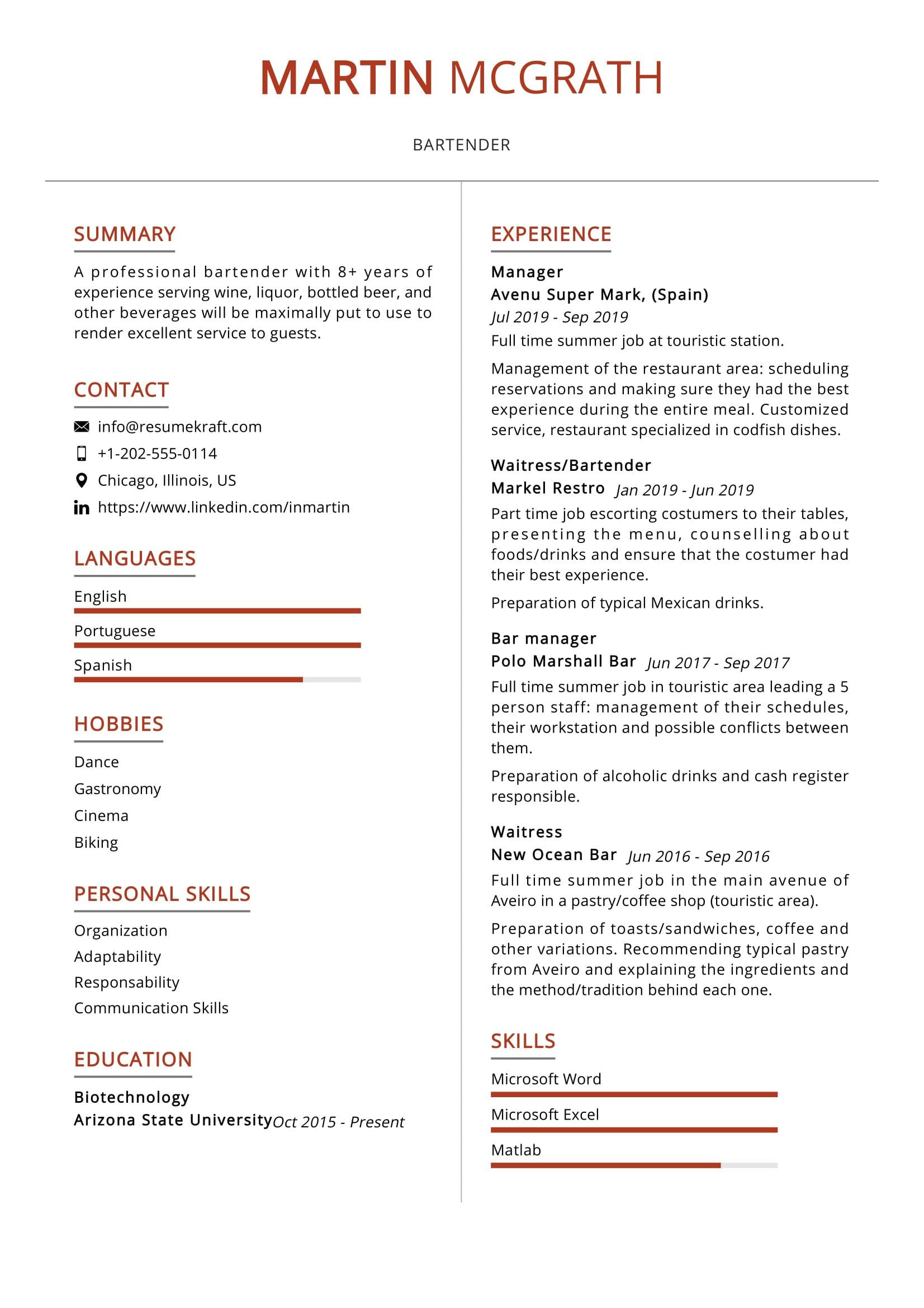 bartender resume sample