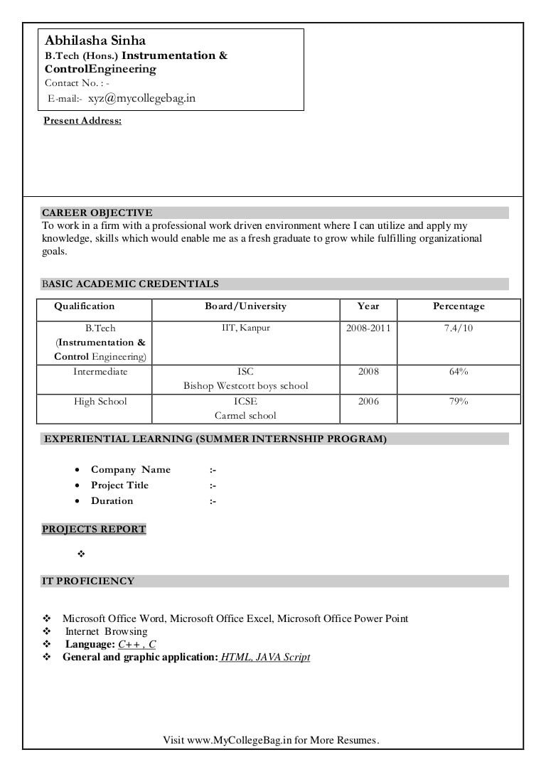 instrumentation control freshers resume format sample