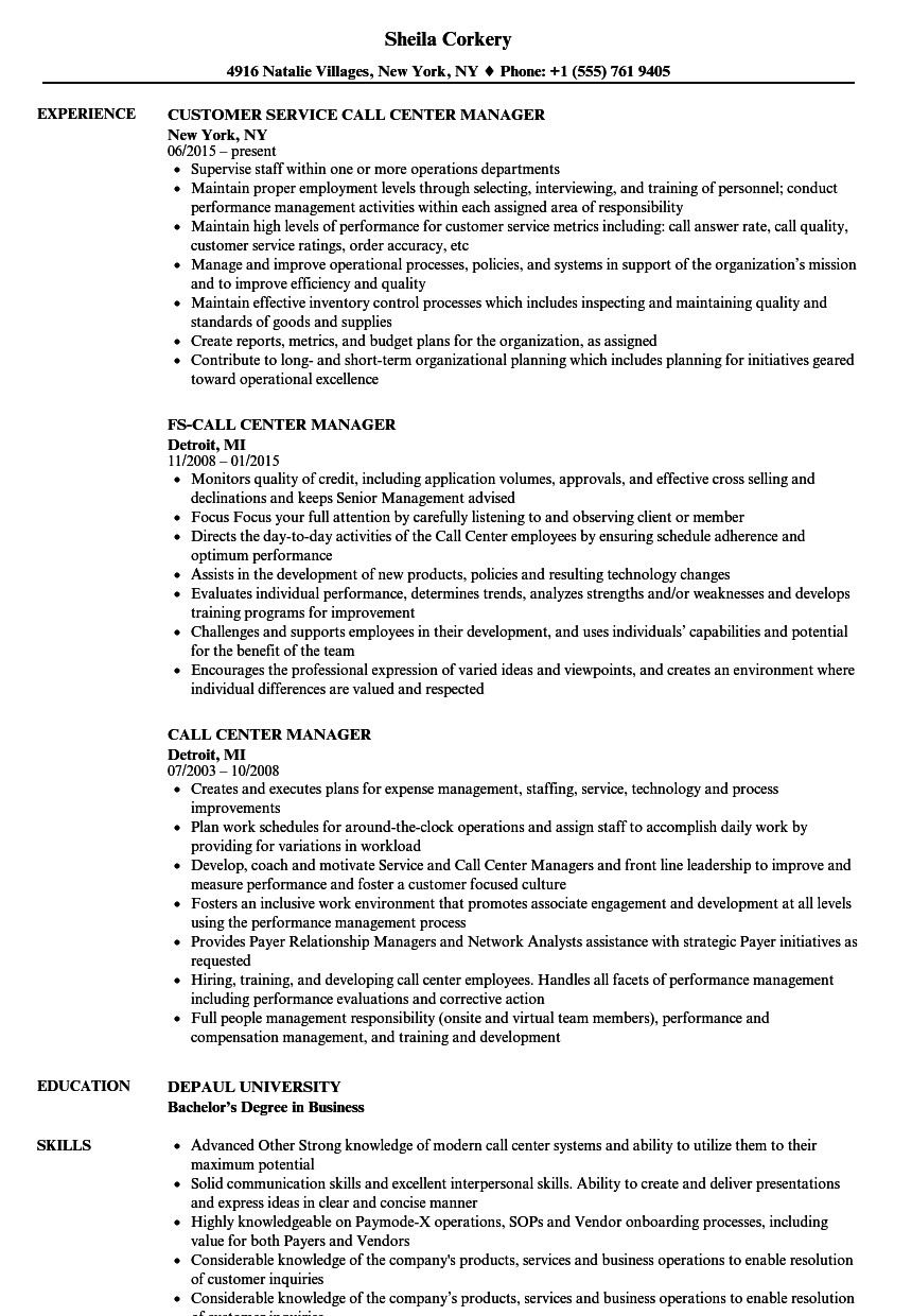 call center manager resume ac plishments