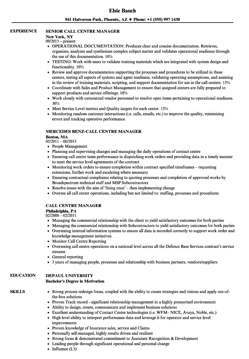 call center manager resume ac plishments