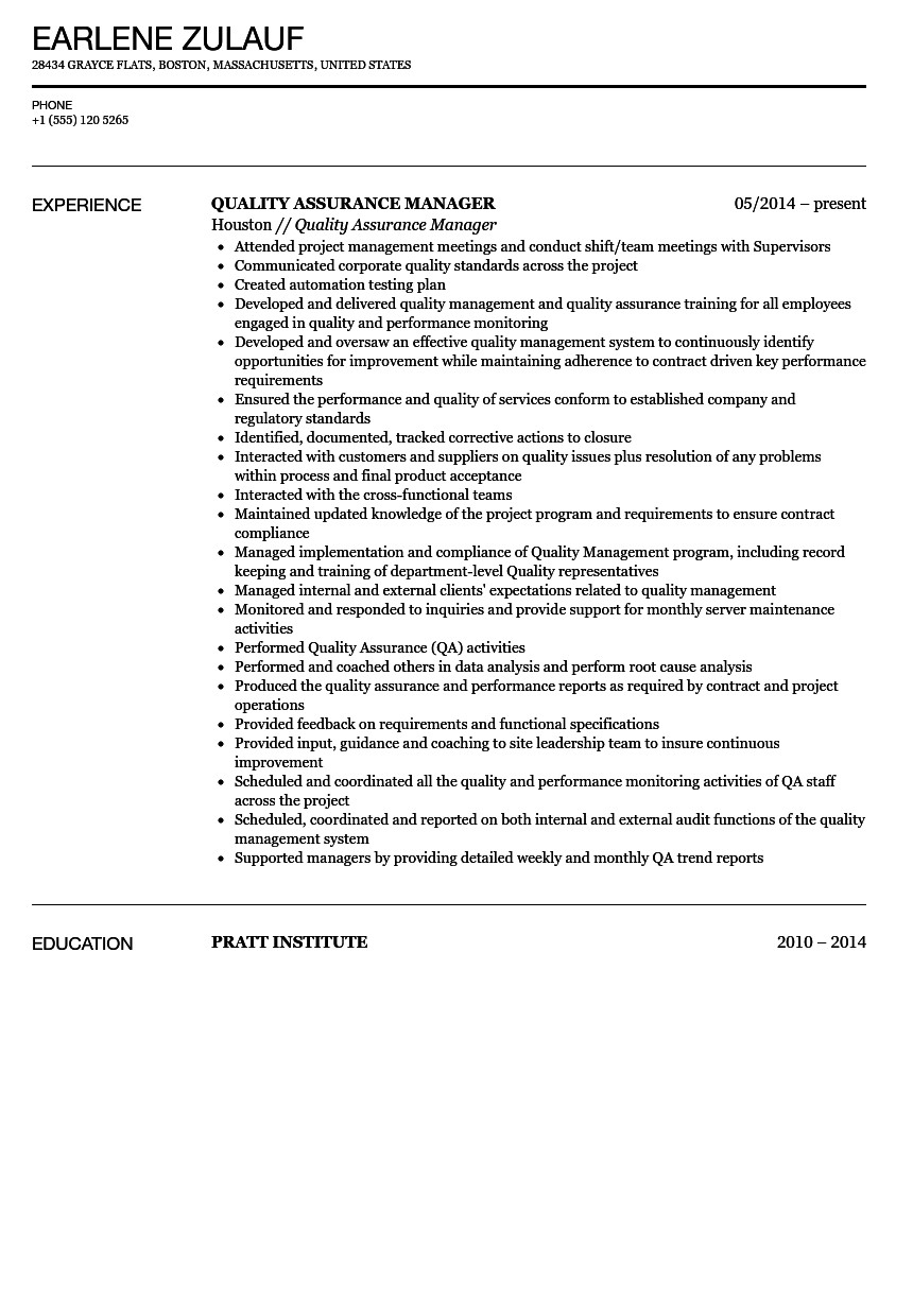 quality assurance manager resume sample