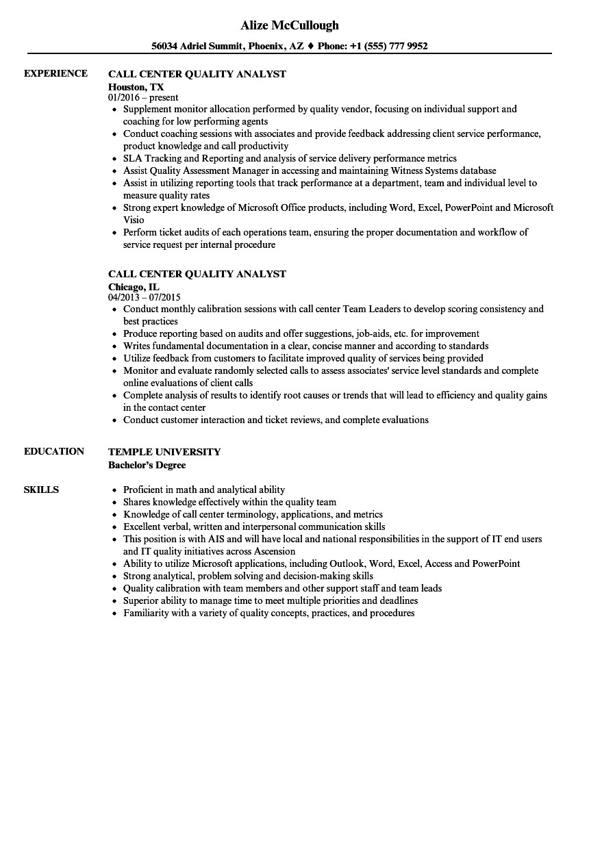 call center quality analyst resume sample