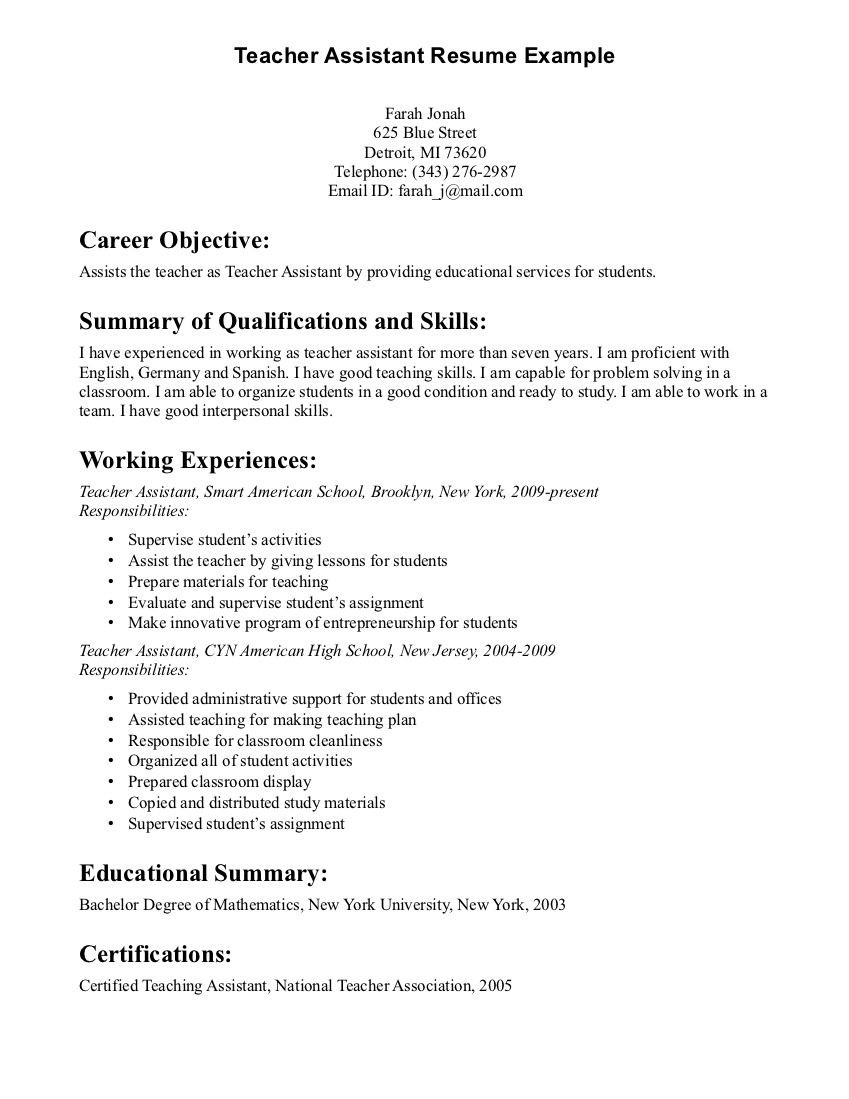 Career Objective for Teaching Resume Sample Teacher assistant Resume Objective Free Resume Templates …