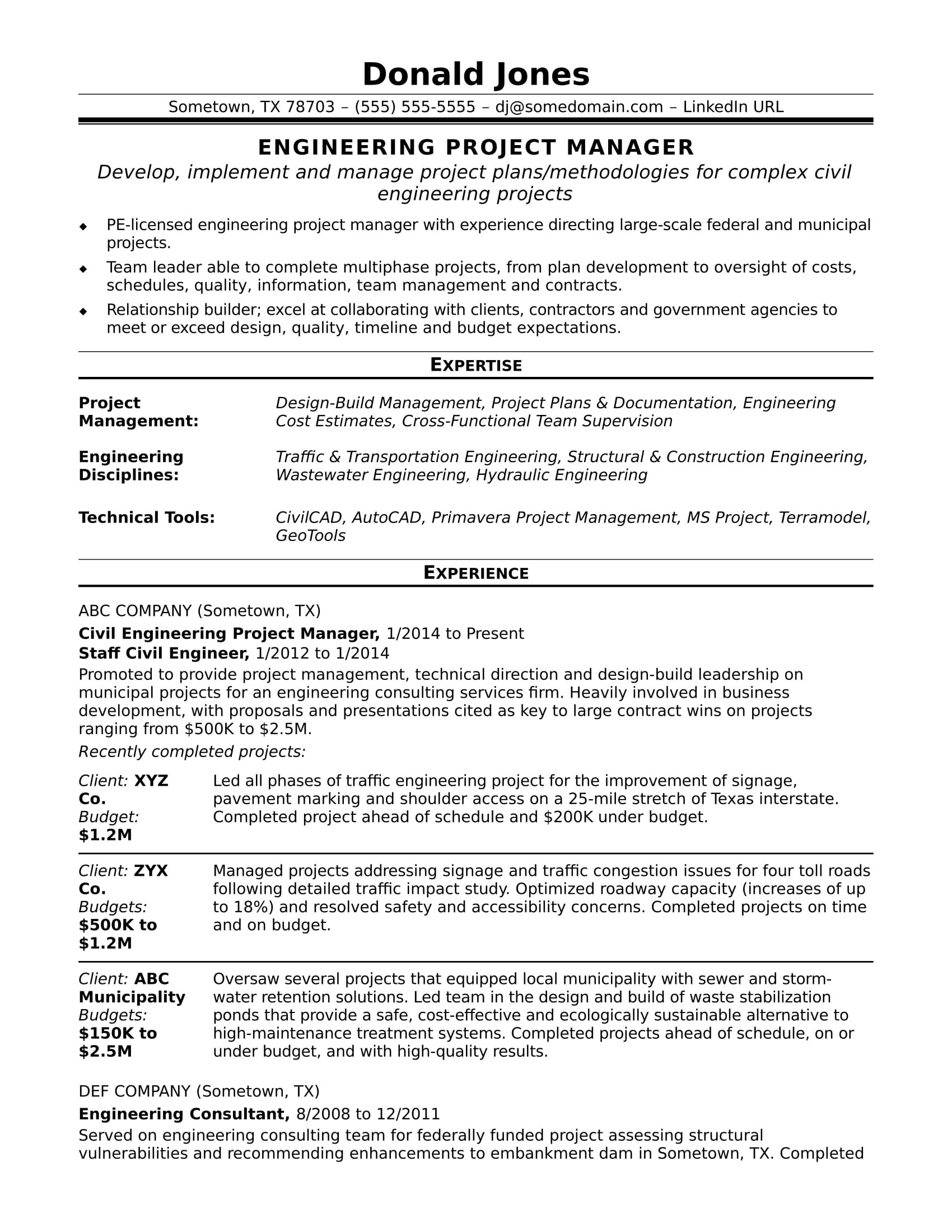 Civil Engineering Project Manager Resume Sample Sample Resume for A Midlevel Engineering Project Manager