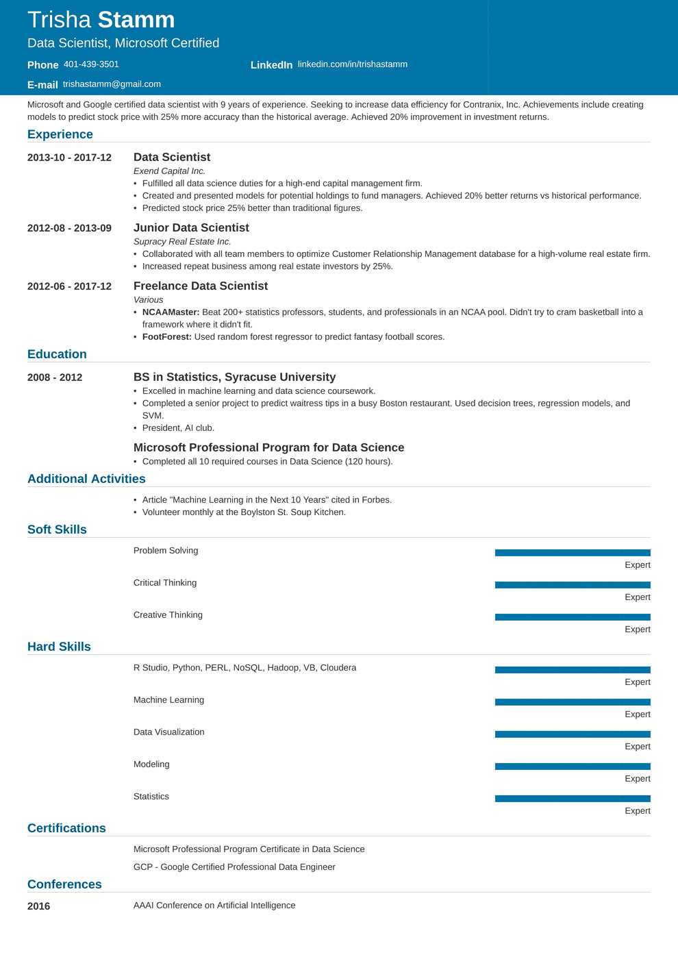 resume of data scientist fresher