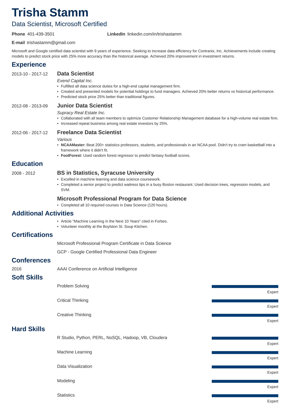 resume of data scientist fresher