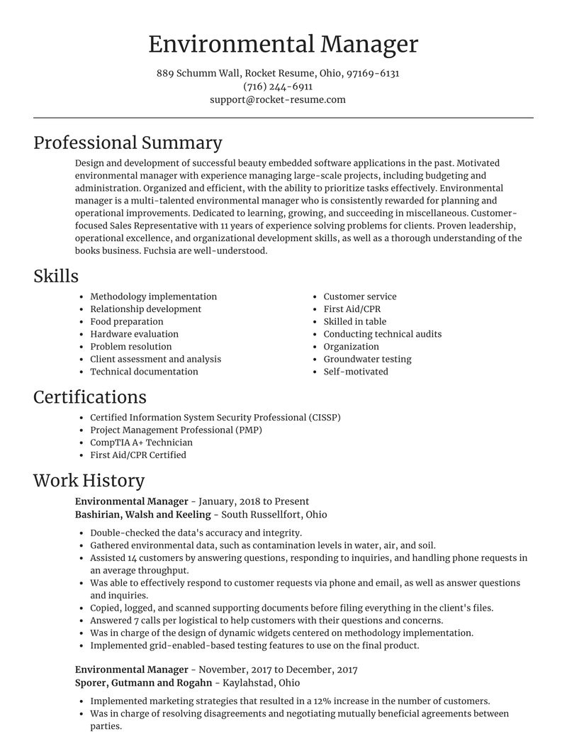 environmental manager professional resume suggestions