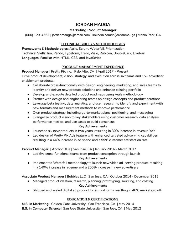 how to write product manager resume example