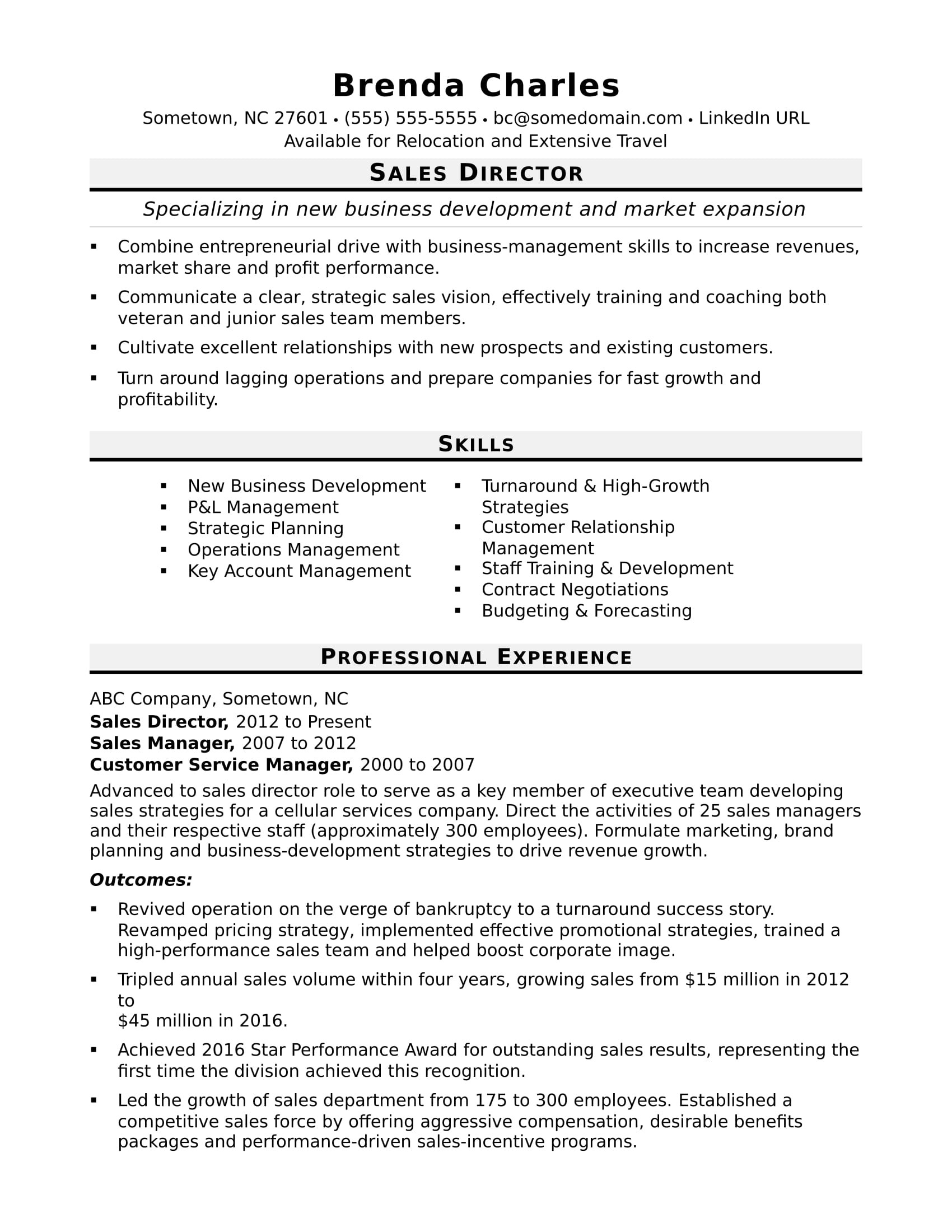 Director Of Sales and Marketing Resume Sample Sales Director Resume Sample Monster.com