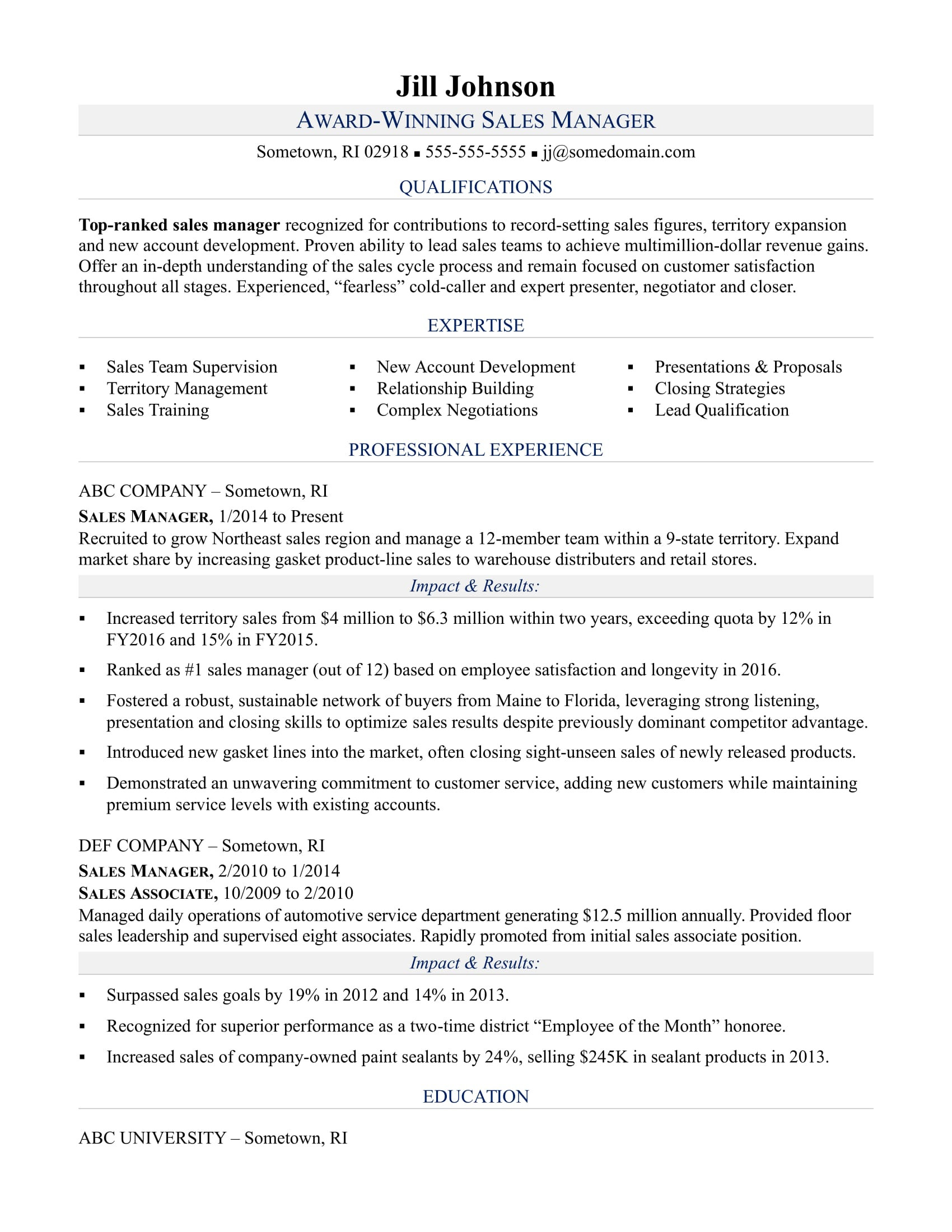 sample resume sales manager