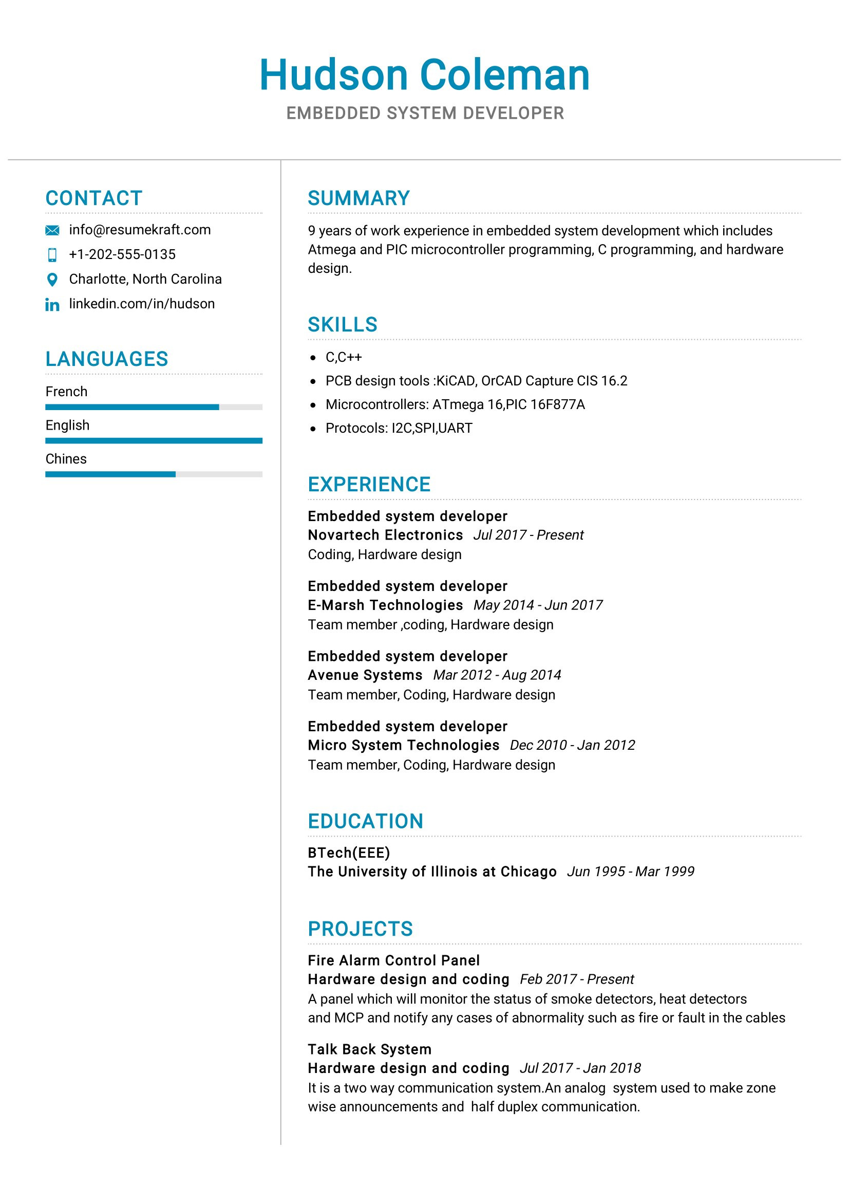 embedded system developer resume sample