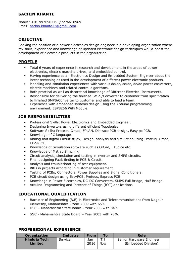 Electronics Hardware Design Engineer Resume Sample Power Electronics Engineer Resume – Sachin Khante