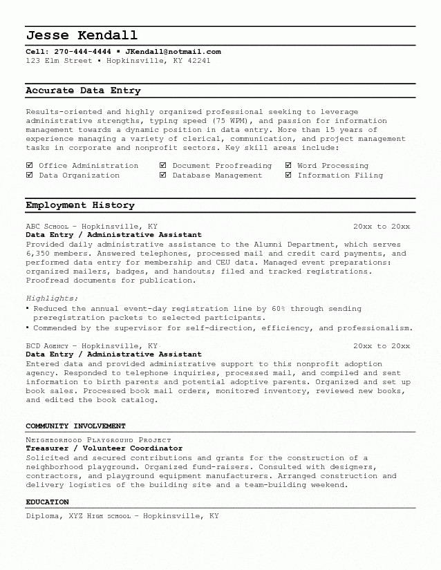 sample resume of data entry clerk