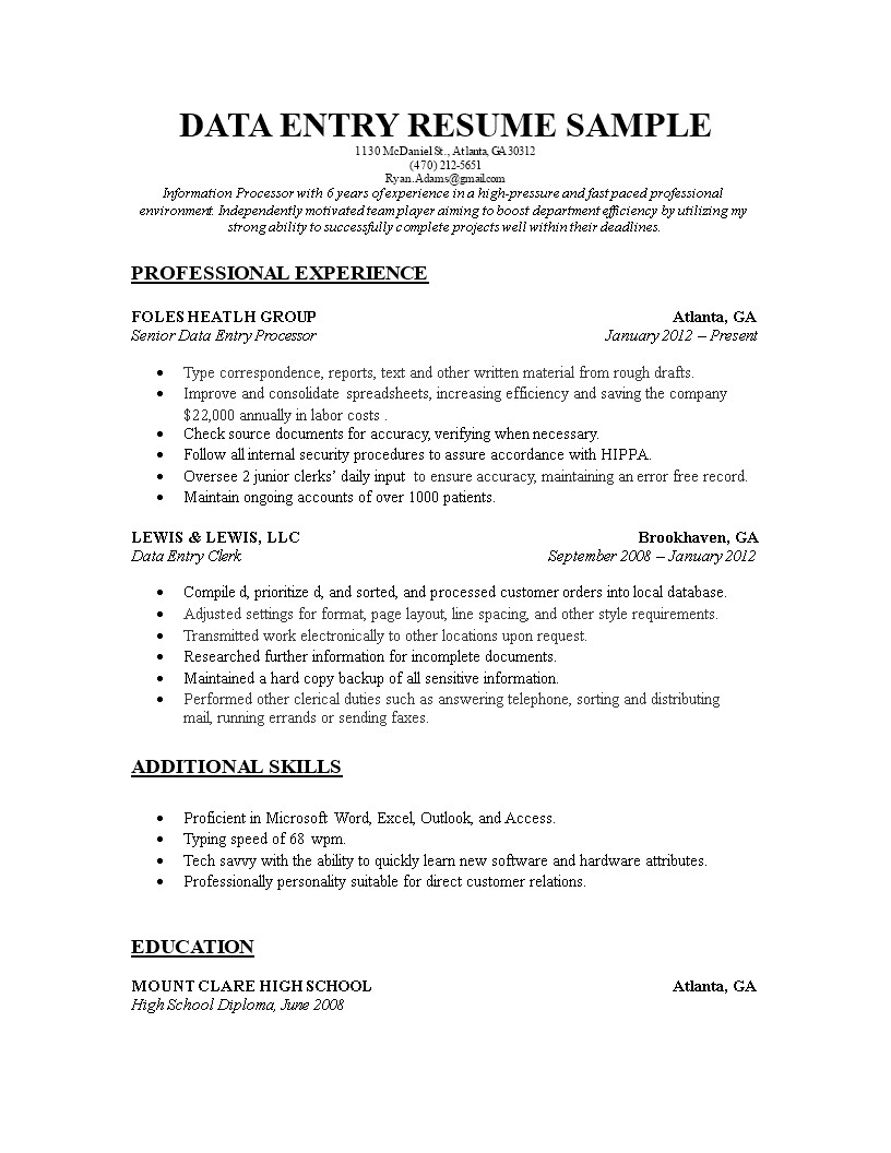 sample data entry resume