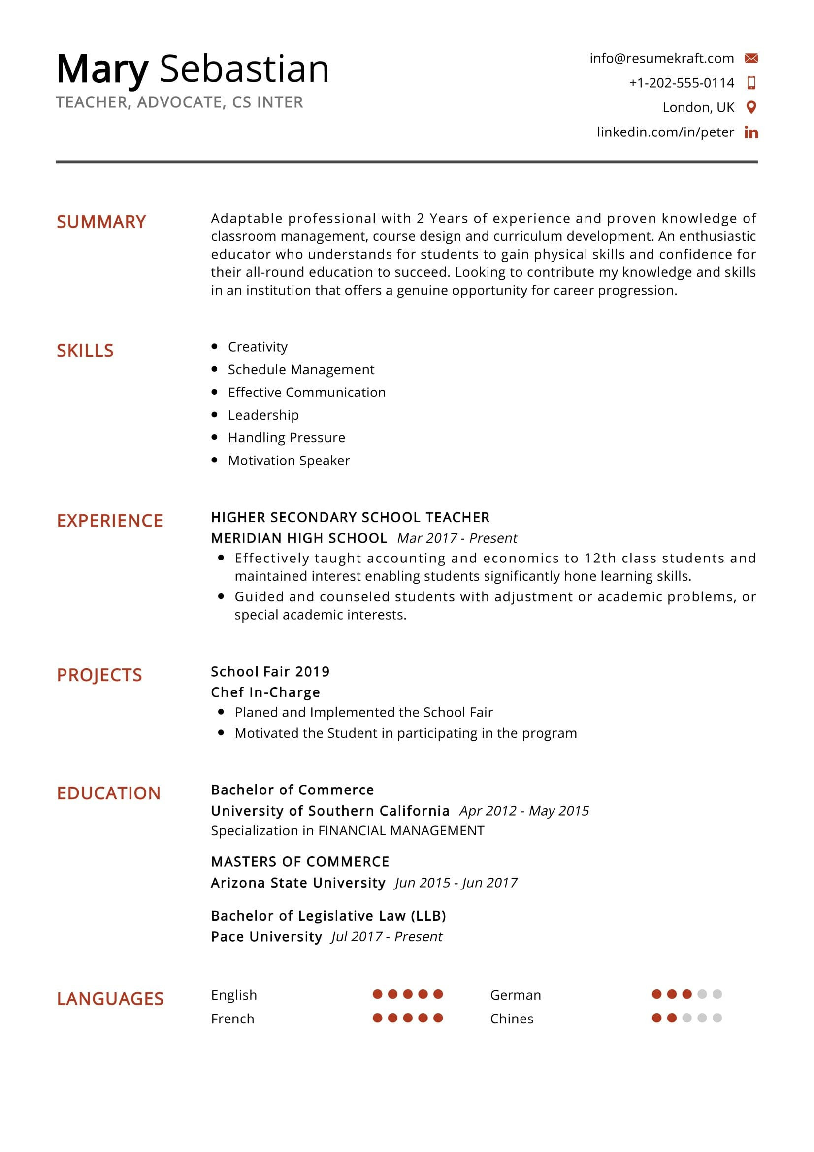 secondary school teacher resume sample