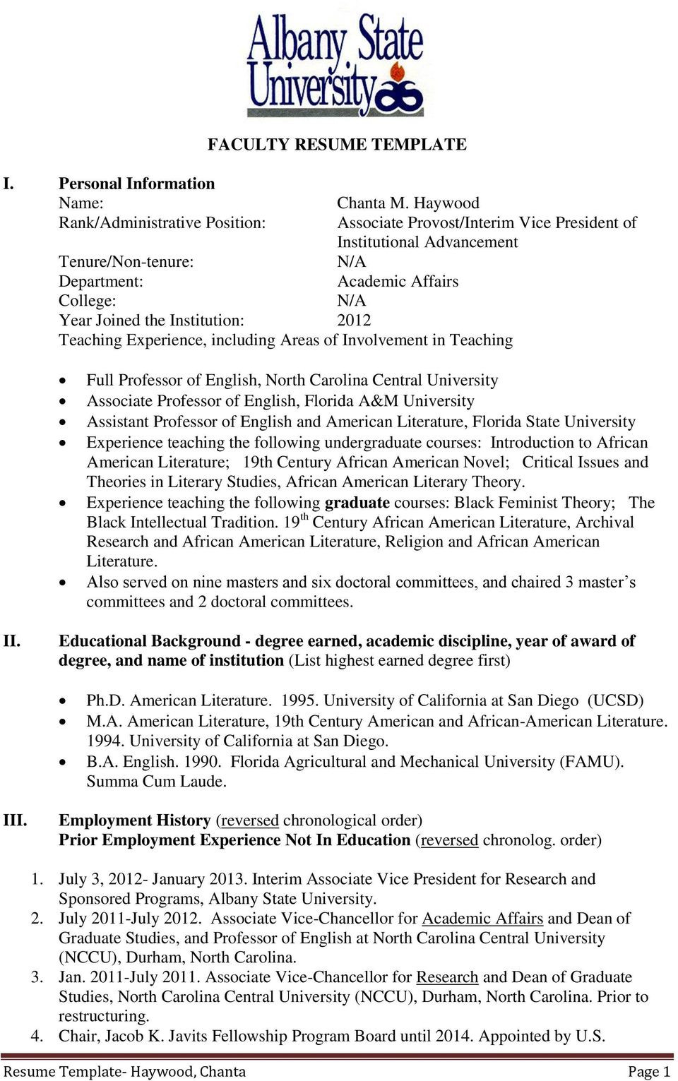 Faculty resume template chanta m haywood institutional advancement tenure non tenureml