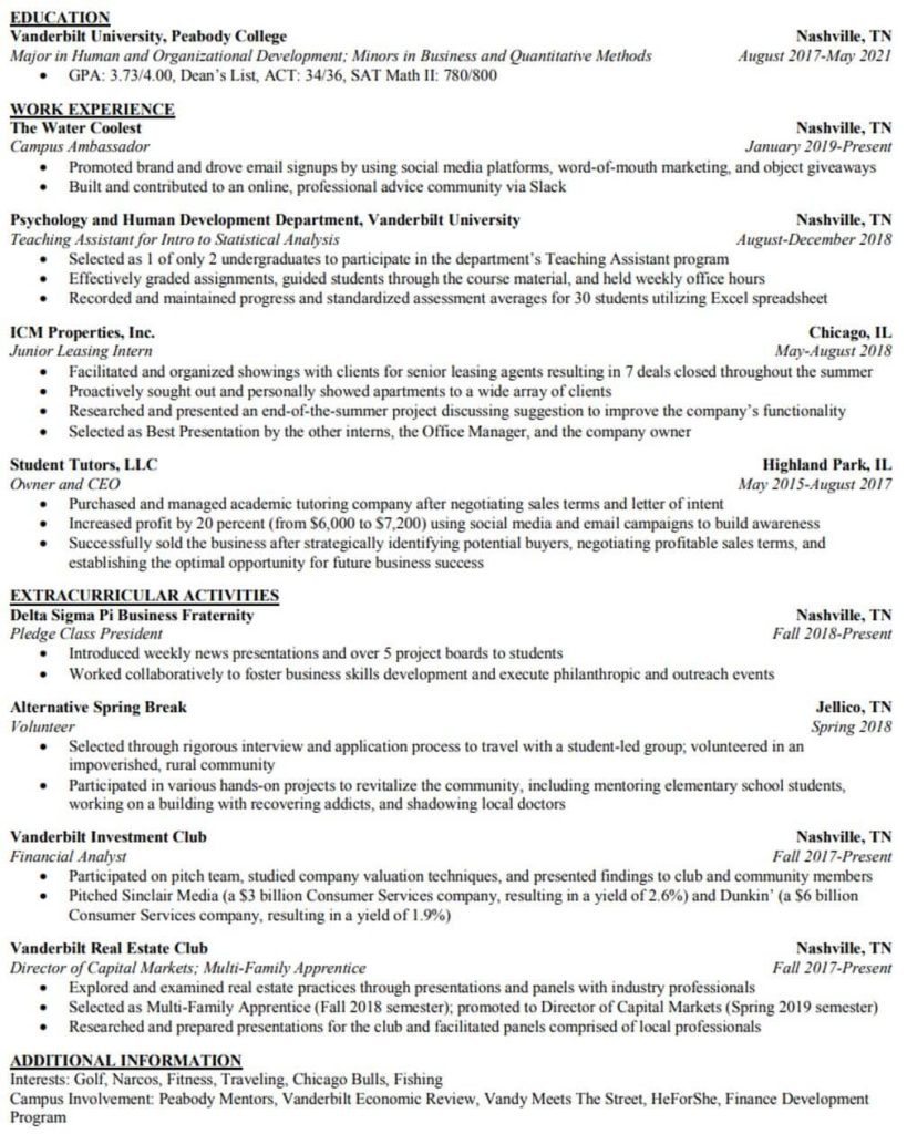 investment banking resume no experience