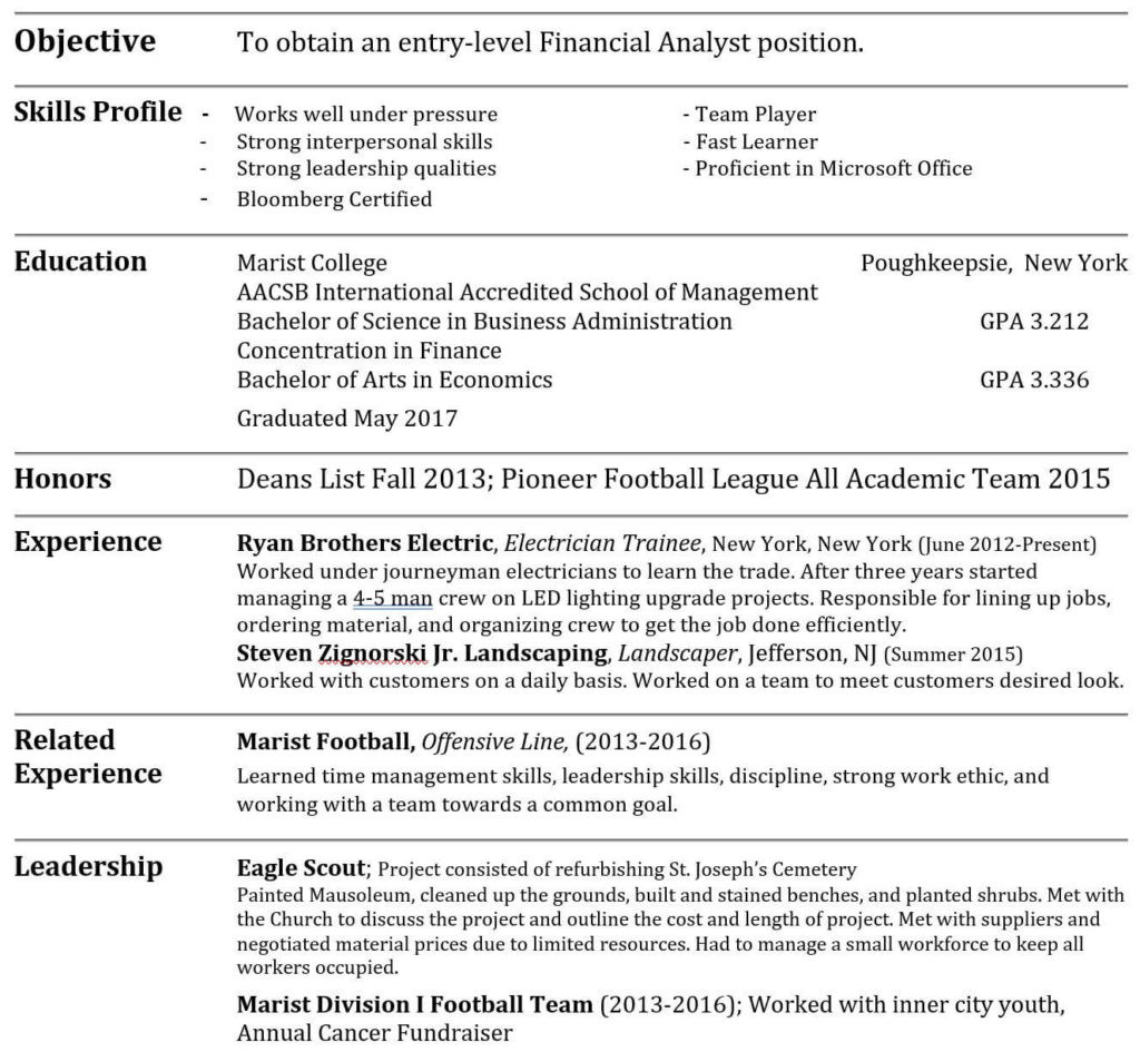 investment banking resume no experience